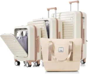 Luggage Set, Suitcase, Trolley, Handbag, Front Opening, 4-Piece Hardshell Luggage, Combination Lock, Spinner, 20, 24, 28 Inches, Ivory and Gold