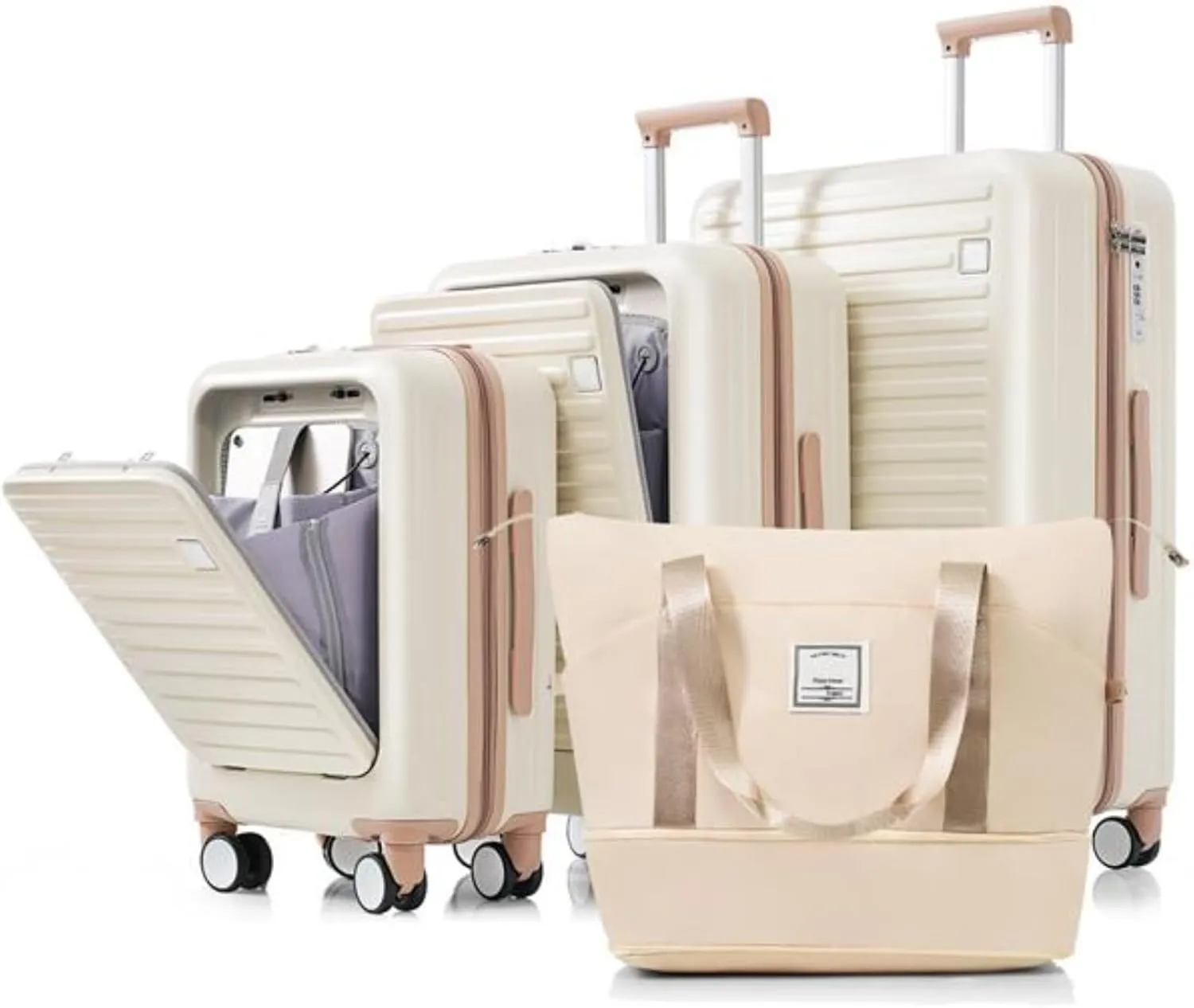 Luggage Set, Suitcase, Trolley, Handbag, Front Opening, 4-Piece Hardshell Luggage, Combination Lock, Spinner, 20, 24, 28 Inches, Ivory and Gold