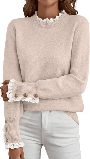 MakeMeChic Women's Crew Neck Ruffle Long Sleeve Sweater Button Knit Pullovers
