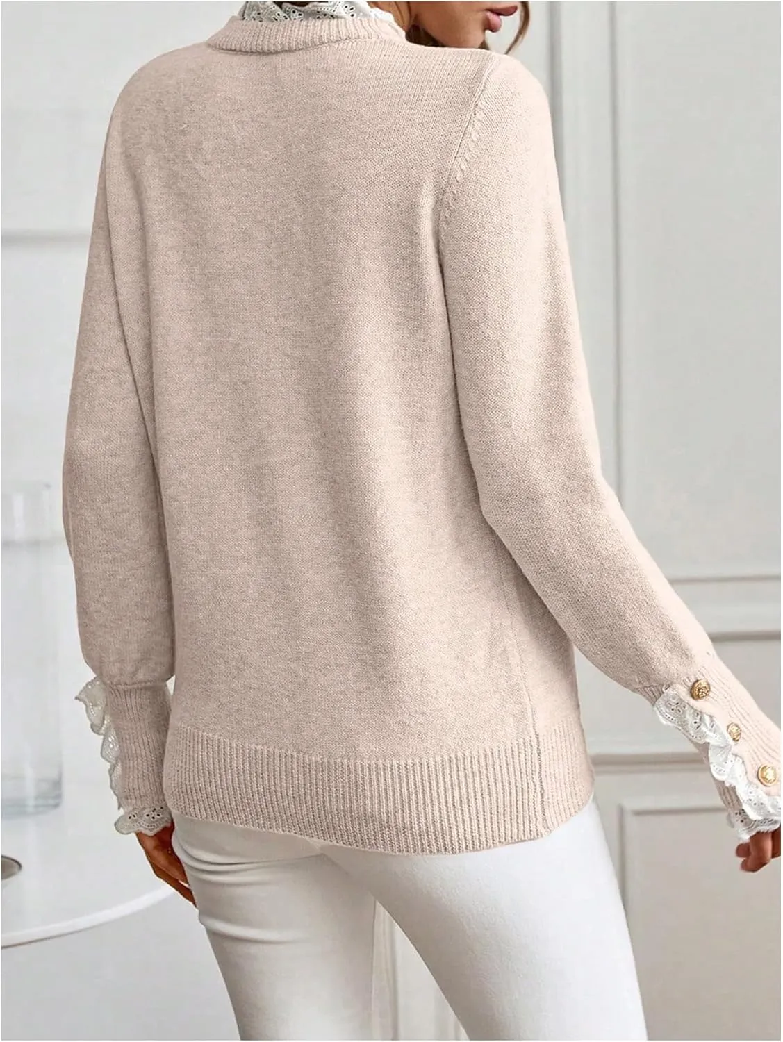MakeMeChic Women's Crew Neck Ruffle Long Sleeve Sweater Button Knit Pullovers