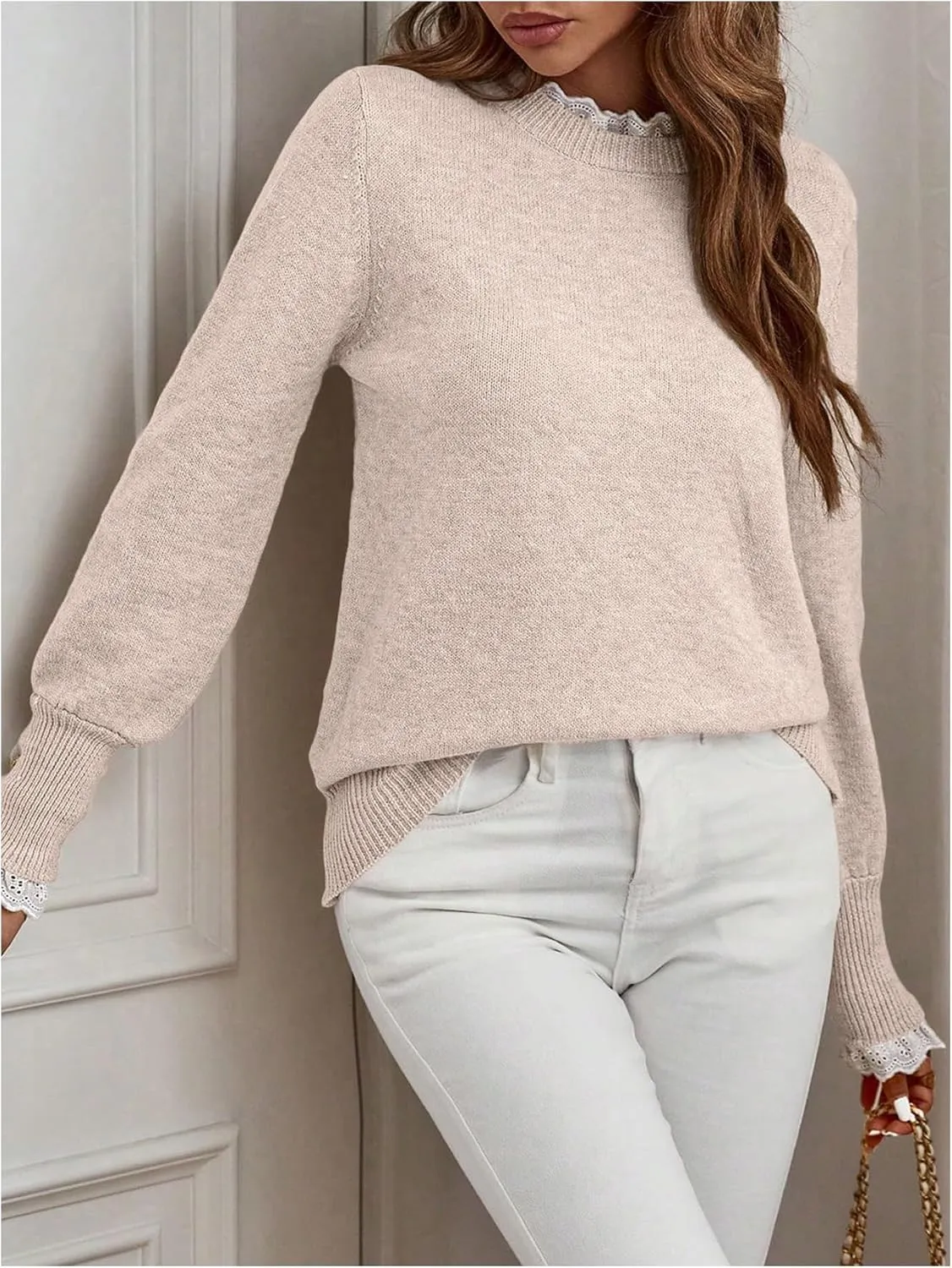 MakeMeChic Women's Crew Neck Ruffle Long Sleeve Sweater Button Knit Pullovers