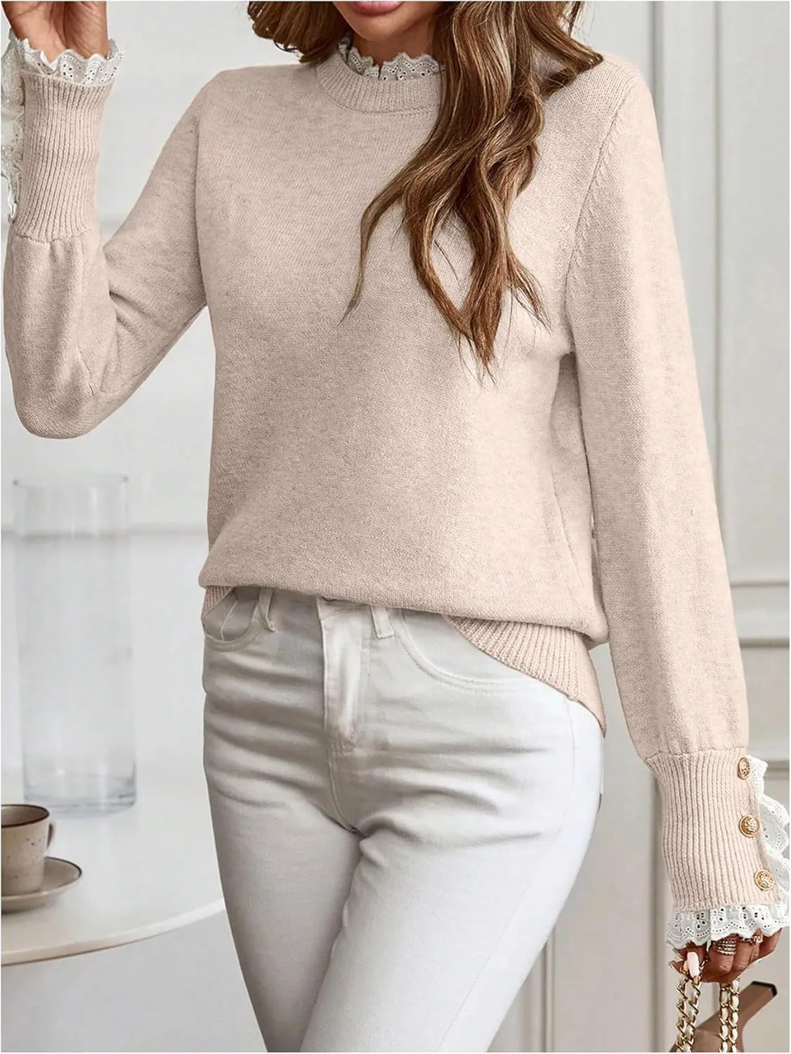 MakeMeChic Women's Crew Neck Ruffle Long Sleeve Sweater Button Knit Pullovers