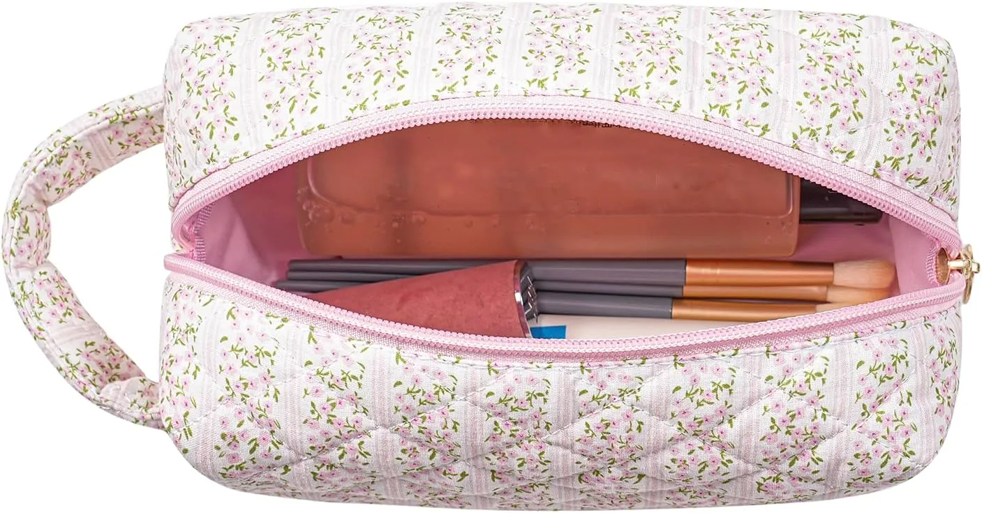 Makeup Bag Travel Cosmetic Bag for Women, Zipper Make Up Pouch, Floral Flowers Toiletry Organizer Makeup with Handle, Cosmetic Travel Cloth Bag (Pink Floral)