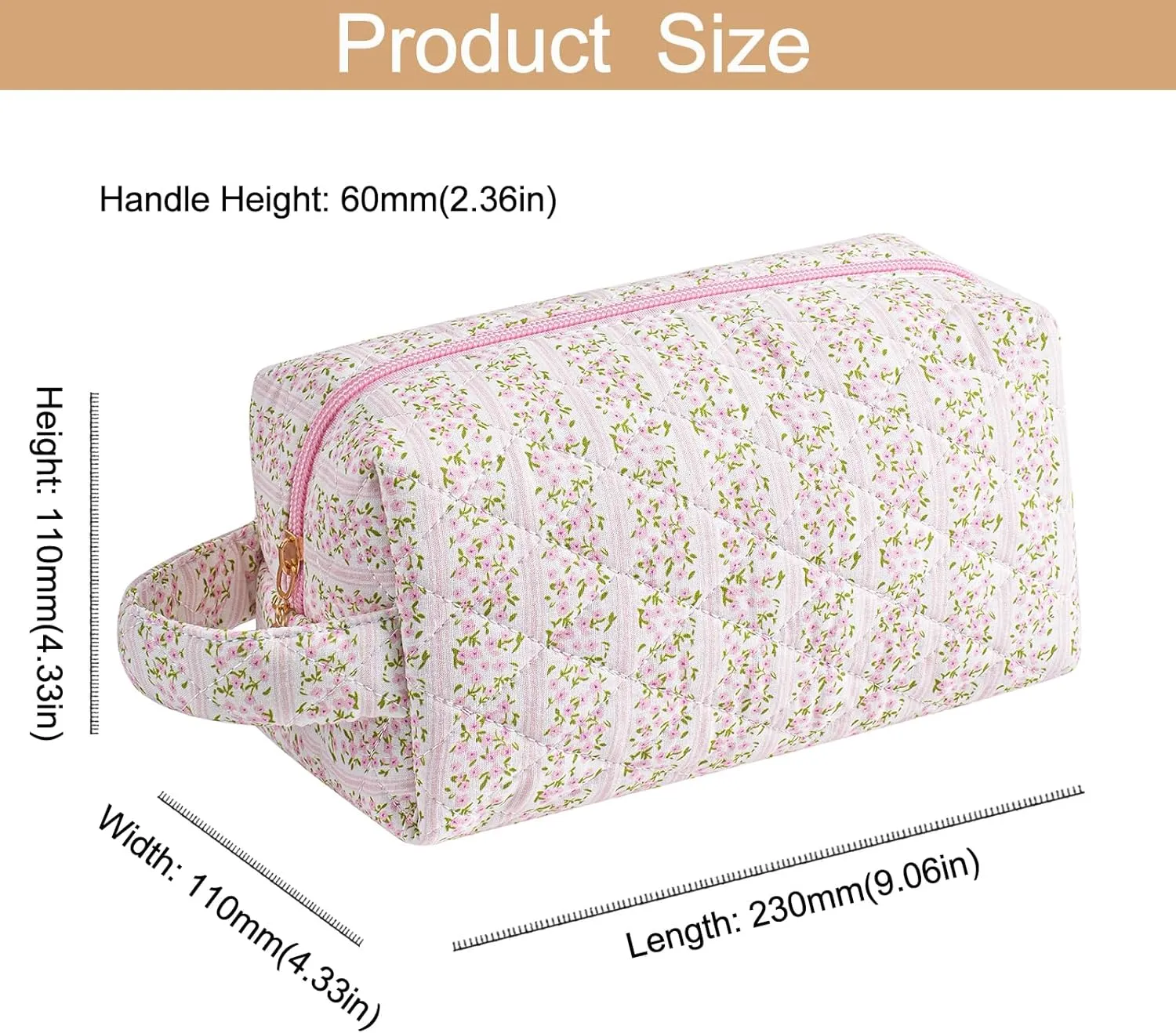 Makeup Bag Travel Cosmetic Bag for Women, Zipper Make Up Pouch, Floral Flowers Toiletry Organizer Makeup with Handle, Cosmetic Travel Cloth Bag (Pink Floral)