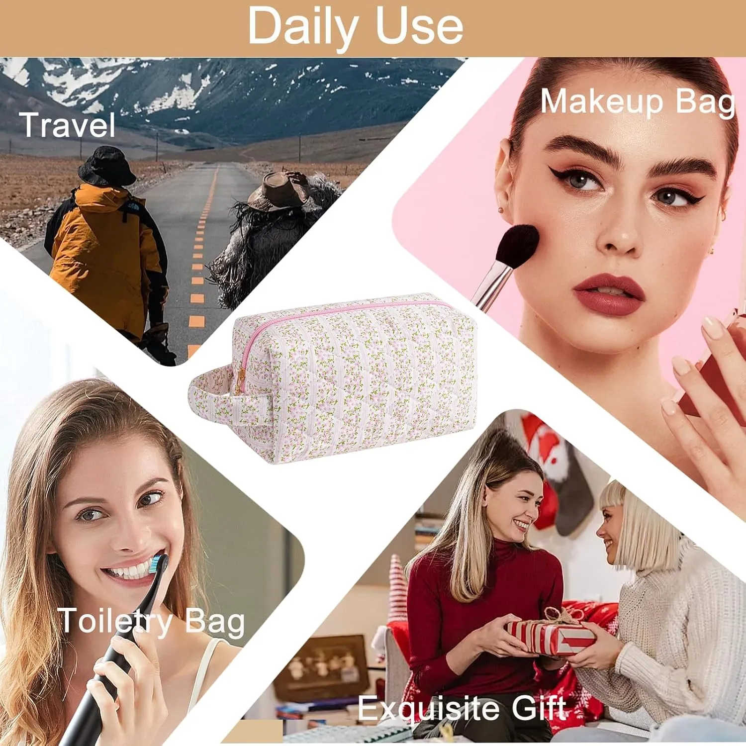 Makeup Bag Travel Cosmetic Bag for Women, Zipper Make Up Pouch, Floral Flowers Toiletry Organizer Makeup with Handle, Cosmetic Travel Cloth Bag (Pink Floral)