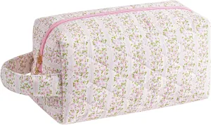 Makeup Bag Travel Cosmetic Bag for Women, Zipper Make Up Pouch, Floral Flowers Toiletry Organizer Makeup with Handle, Cosmetic Travel Cloth Bag (Pink Floral)
