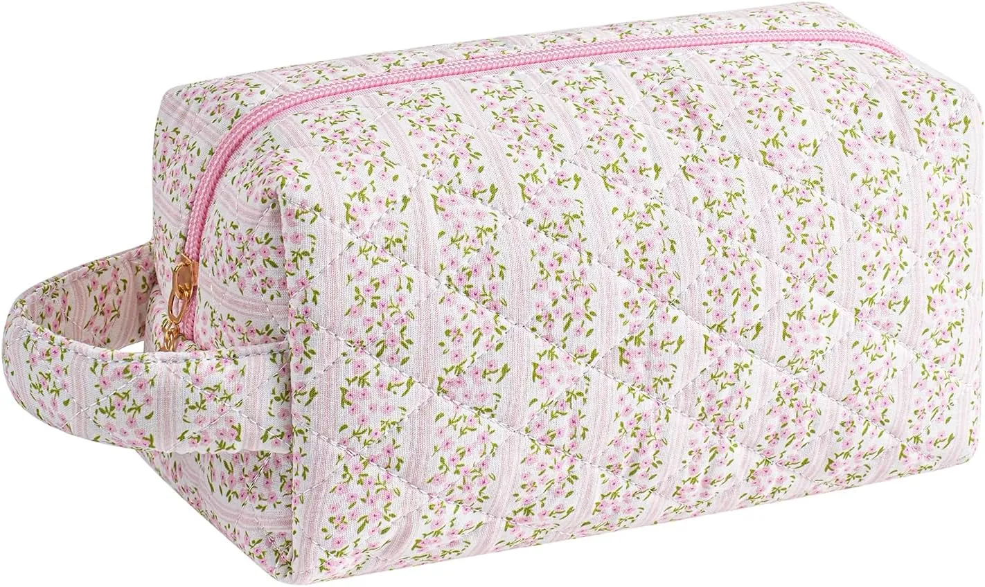 Makeup Bag Travel Cosmetic Bag for Women, Zipper Make Up Pouch, Floral Flowers Toiletry Organizer Makeup with Handle, Cosmetic Travel Cloth Bag (Pink Floral)
