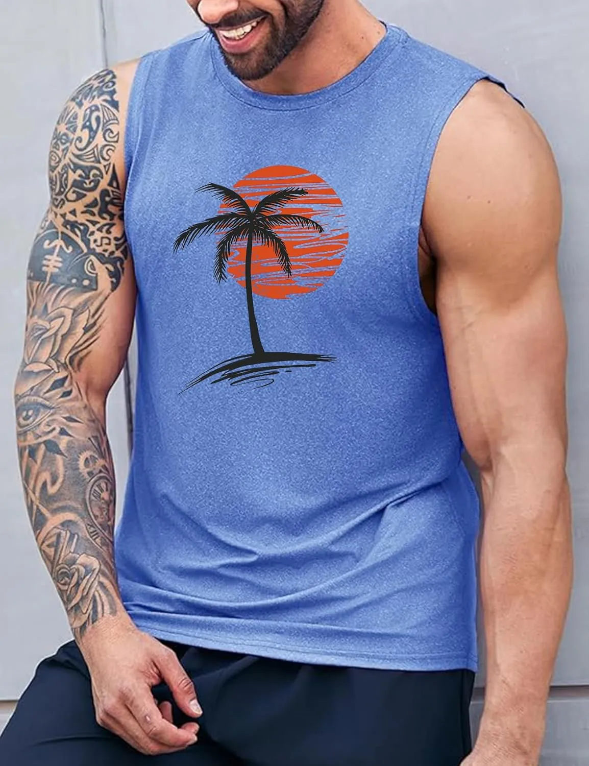 Men Summer Beach Tank Tops Hawaiian Palm Tree Sleeveless Shirts T Shirt Graphic Muscle Gym Vacation Tee Top