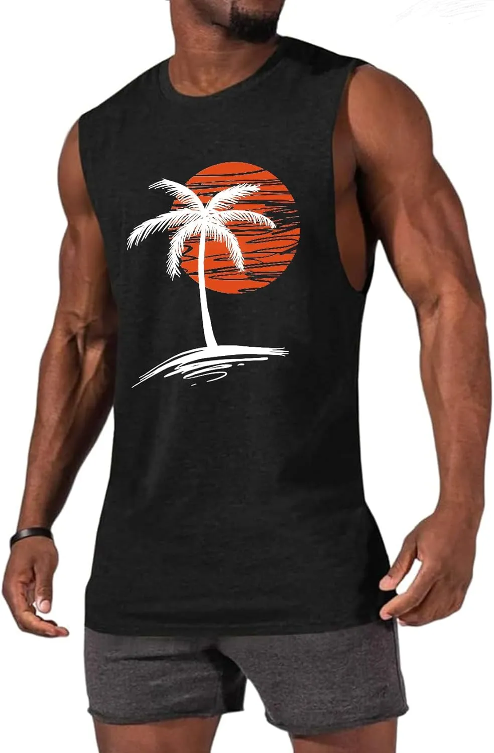 Men Summer Beach Tank Tops Hawaiian Palm Tree Sleeveless Shirts T Shirt Graphic Muscle Gym Vacation Tee Top