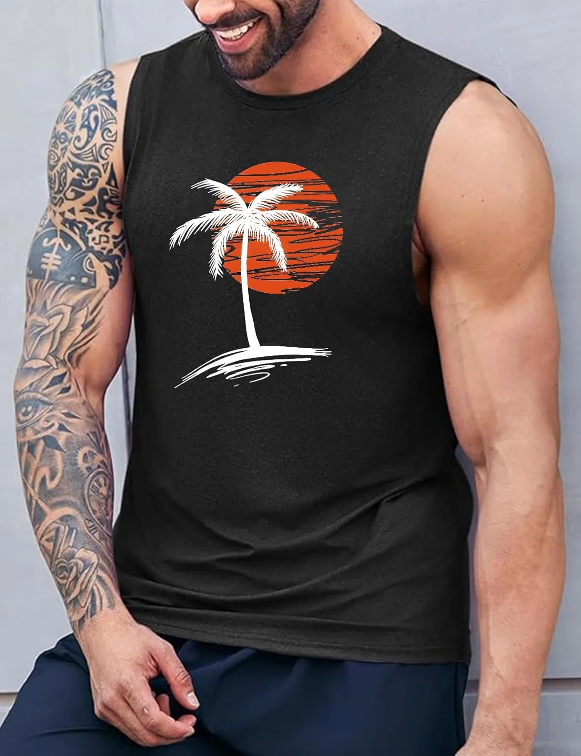 Men Summer Beach Tank Tops Hawaiian Palm Tree Sleeveless Shirts T Shirt Graphic Muscle Gym Vacation Tee Top