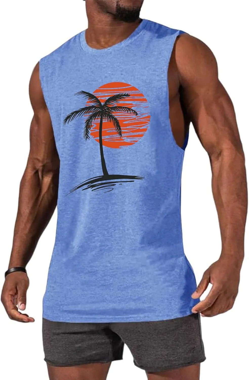 Men Summer Beach Tank Tops Hawaiian Palm Tree Sleeveless Shirts T Shirt Graphic Muscle Gym Vacation Tee Top