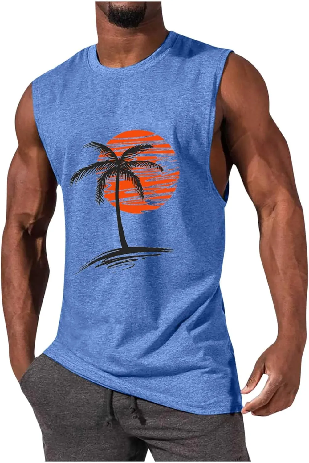 Men Summer Beach Tank Tops Hawaiian Palm Tree Sleeveless Shirts T Shirt Graphic Muscle Gym Vacation Tee Top