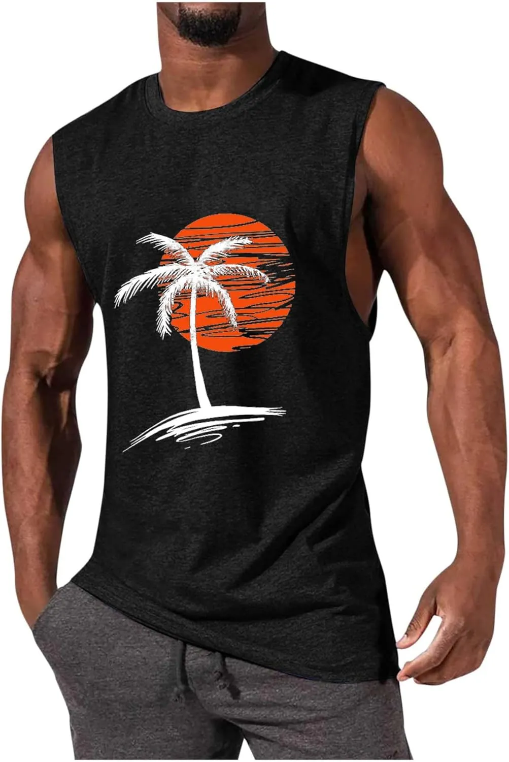 Men Summer Beach Tank Tops Hawaiian Palm Tree Sleeveless Shirts T Shirt Graphic Muscle Gym Vacation Tee Top