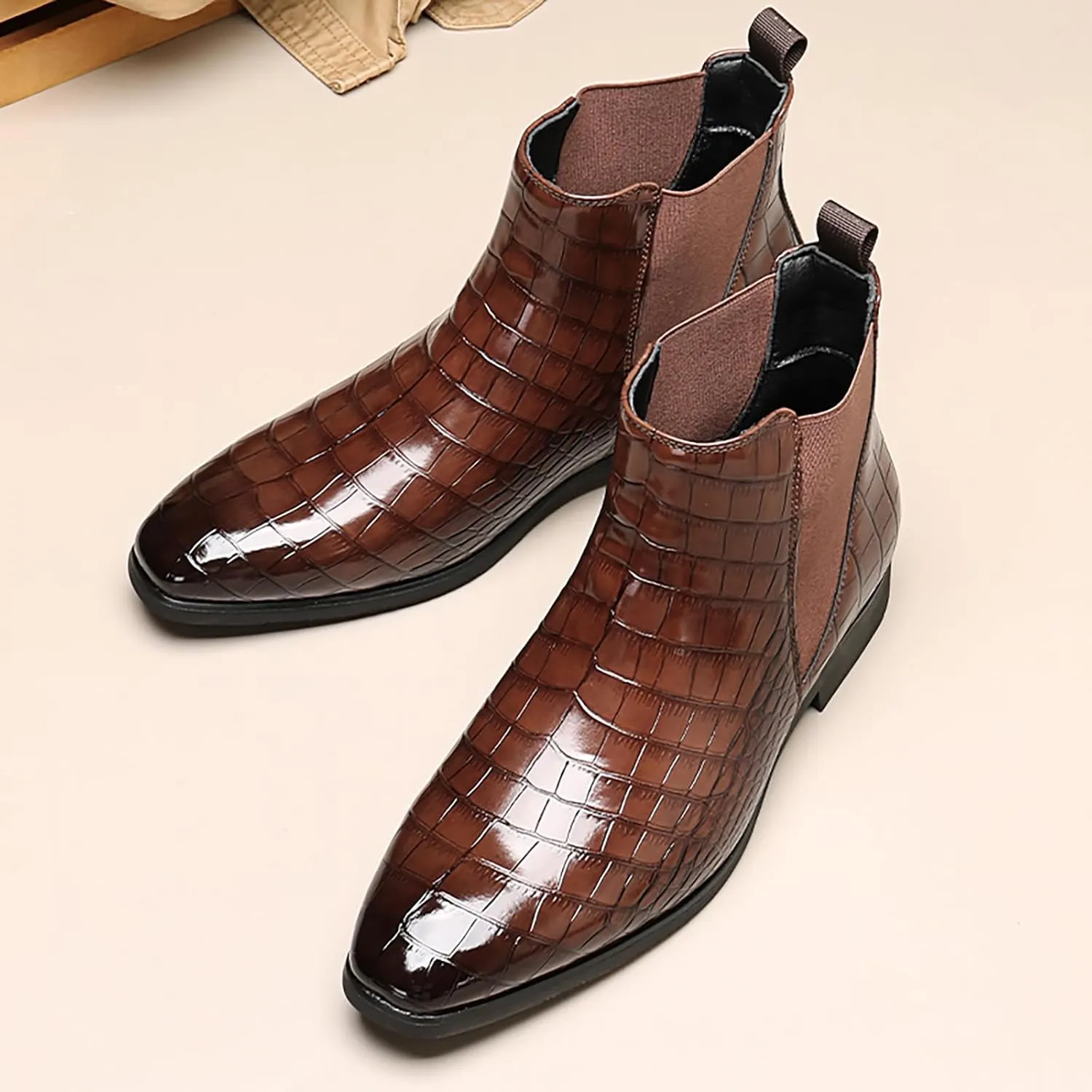 Men's Chelsea Boots Lightweight Casual Chukka Ankle Boots Classic Elastic Crocodile Print Dress Shoes for Men