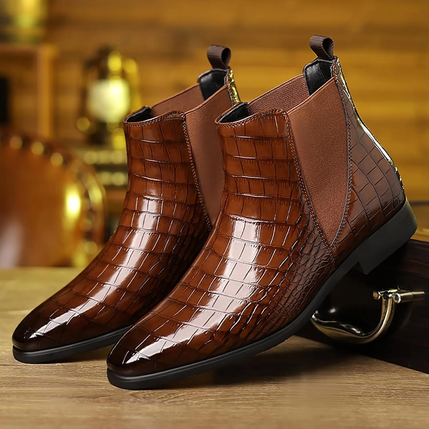 Men's Chelsea Boots Lightweight Casual Chukka Ankle Boots Classic Elastic Crocodile Print Dress Shoes for Men