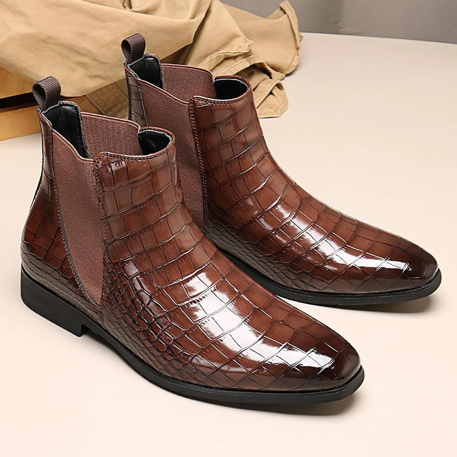 Men's Chelsea Boots Lightweight Casual Chukka Ankle Boots Classic Elastic Crocodile Print Dress Shoes for Men