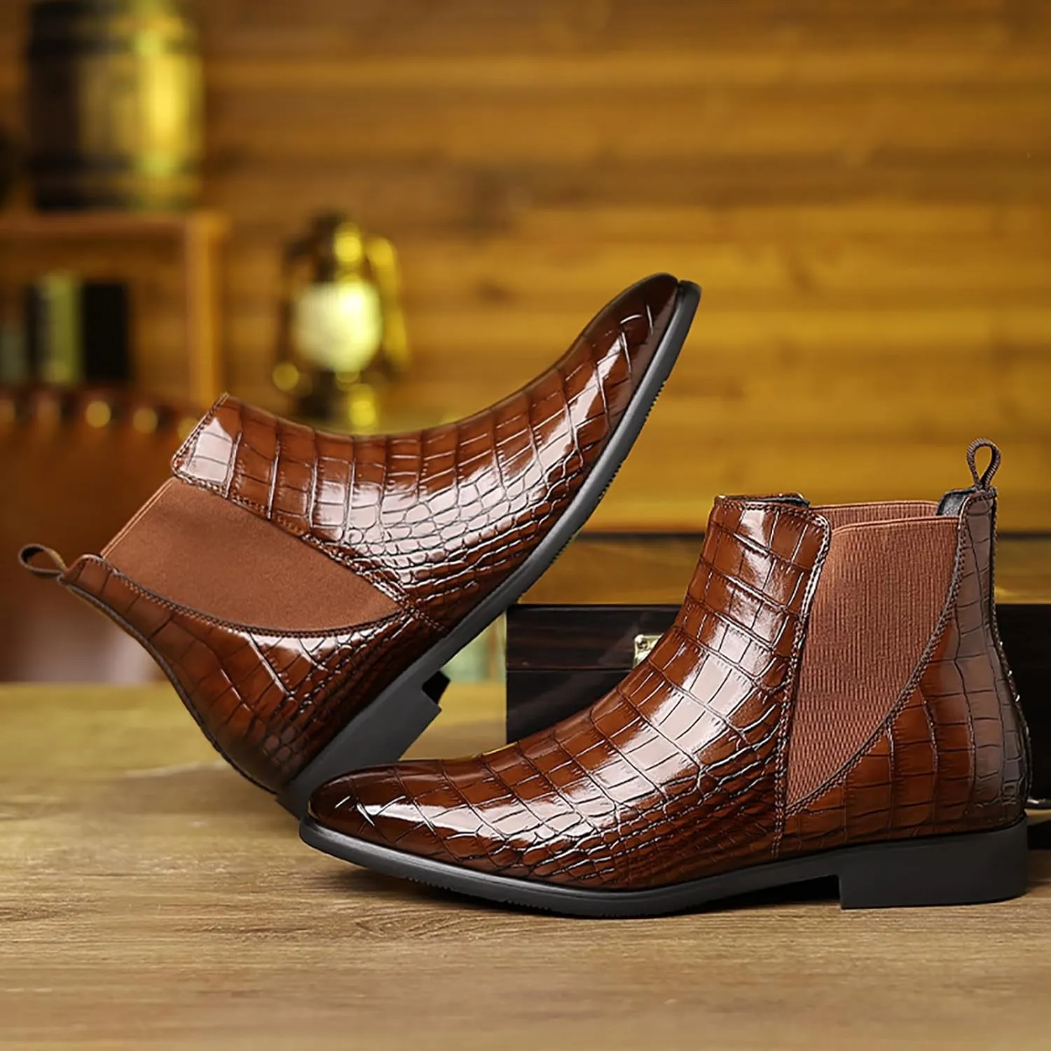 Men's Chelsea Boots Lightweight Casual Chukka Ankle Boots Classic Elastic Crocodile Print Dress Shoes for Men