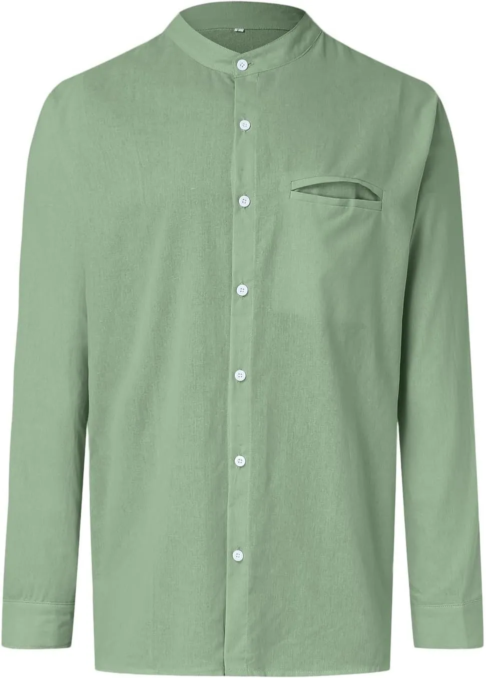 Mens Cotton and Linen Button Down Shirt Regular Muscle Fit Solid Trendy Tops Stand-Up Collar Long Sleeve Casual Office Shirts