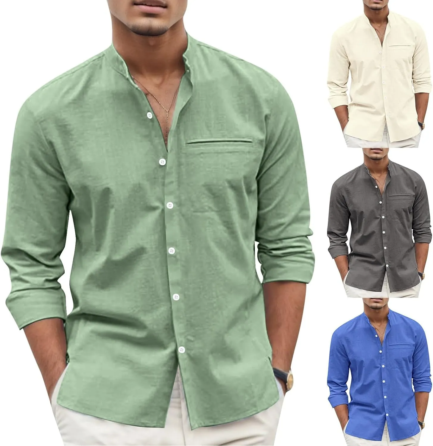 Mens Cotton and Linen Button Down Shirt Regular Muscle Fit Solid Trendy Tops Stand-Up Collar Long Sleeve Casual Office Shirts