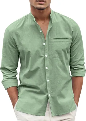 Mens Cotton and Linen Button Down Shirt Regular Muscle Fit Solid Trendy Tops Stand-Up Collar Long Sleeve Casual Office Shirts