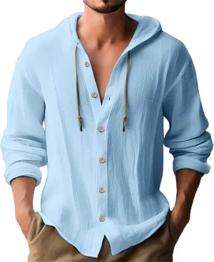 Mens Cotton and Linen Hoodies Summer Outdoor Trendy Holiday Tops Drawstring Button Down Lightweight Casual Long Sleeve Shirts
