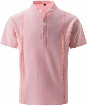 Mens Cotton Linen Henley Shirts Short Sleeve Stand Collar Top Summer Casual Classic T Shirts Pocket Button Up Shirt