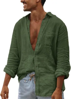 Men's Cotton Linen Shirts Long Sleeve Casual Button Down Lapel Collar Shirt Summer Beach Wedding Vacation Tops