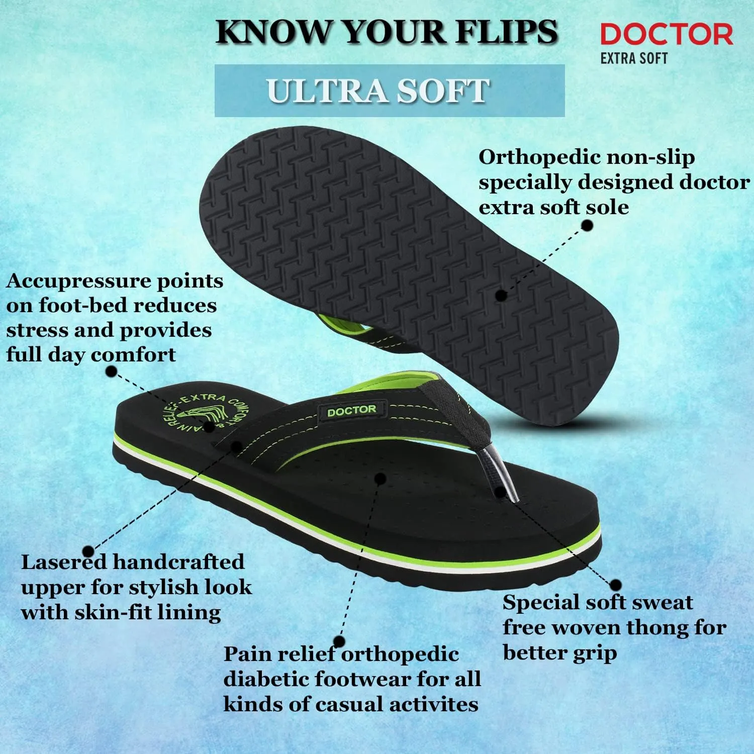 Men's Diabetic & Orthopedic Comfort Slipper, Flip-Flop, Black, Flat, Slip On, Rubber Sole, Open Toe, Strapless, EVA, Adults, Male