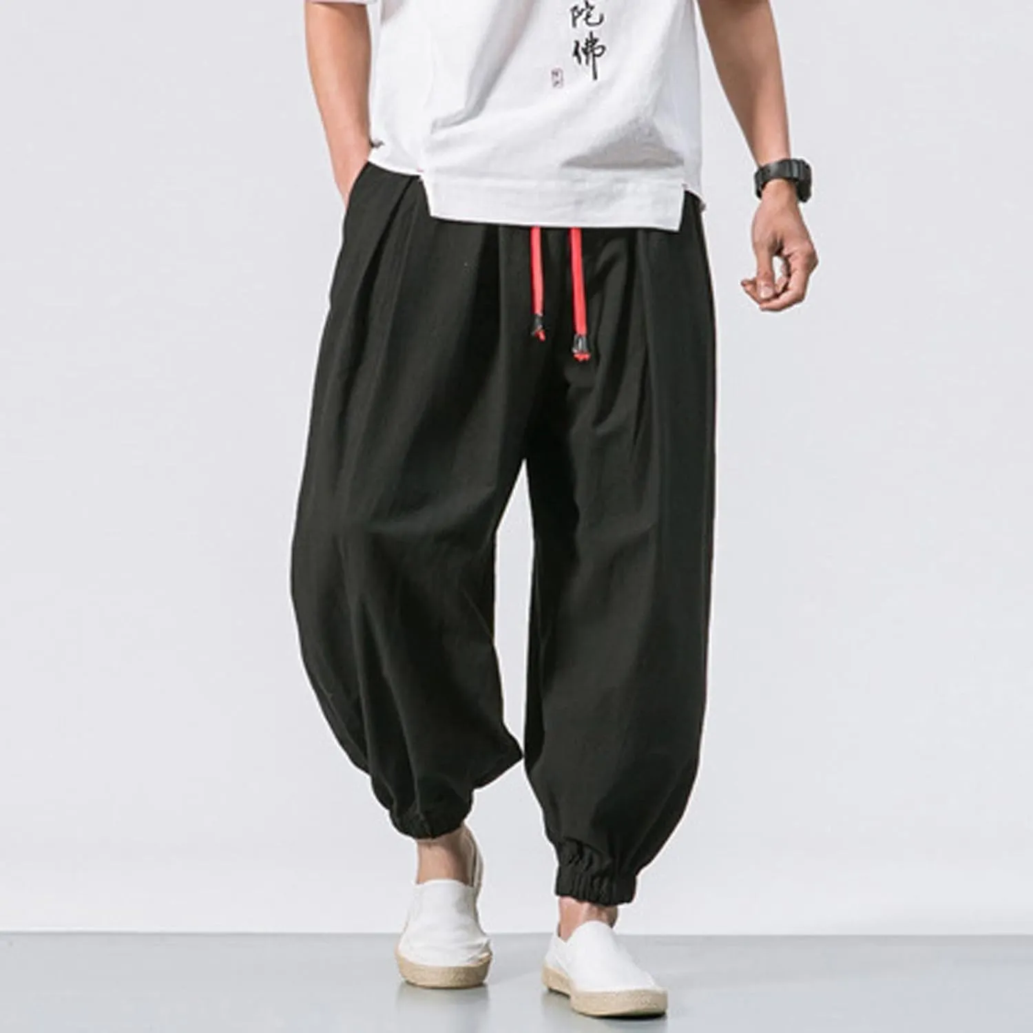 Mens Harem Pants Cotton Linen Baggy Yoga Jogger Pants Elastic Waist Vintage Hippie Drop Crotch Trousers Plus Size