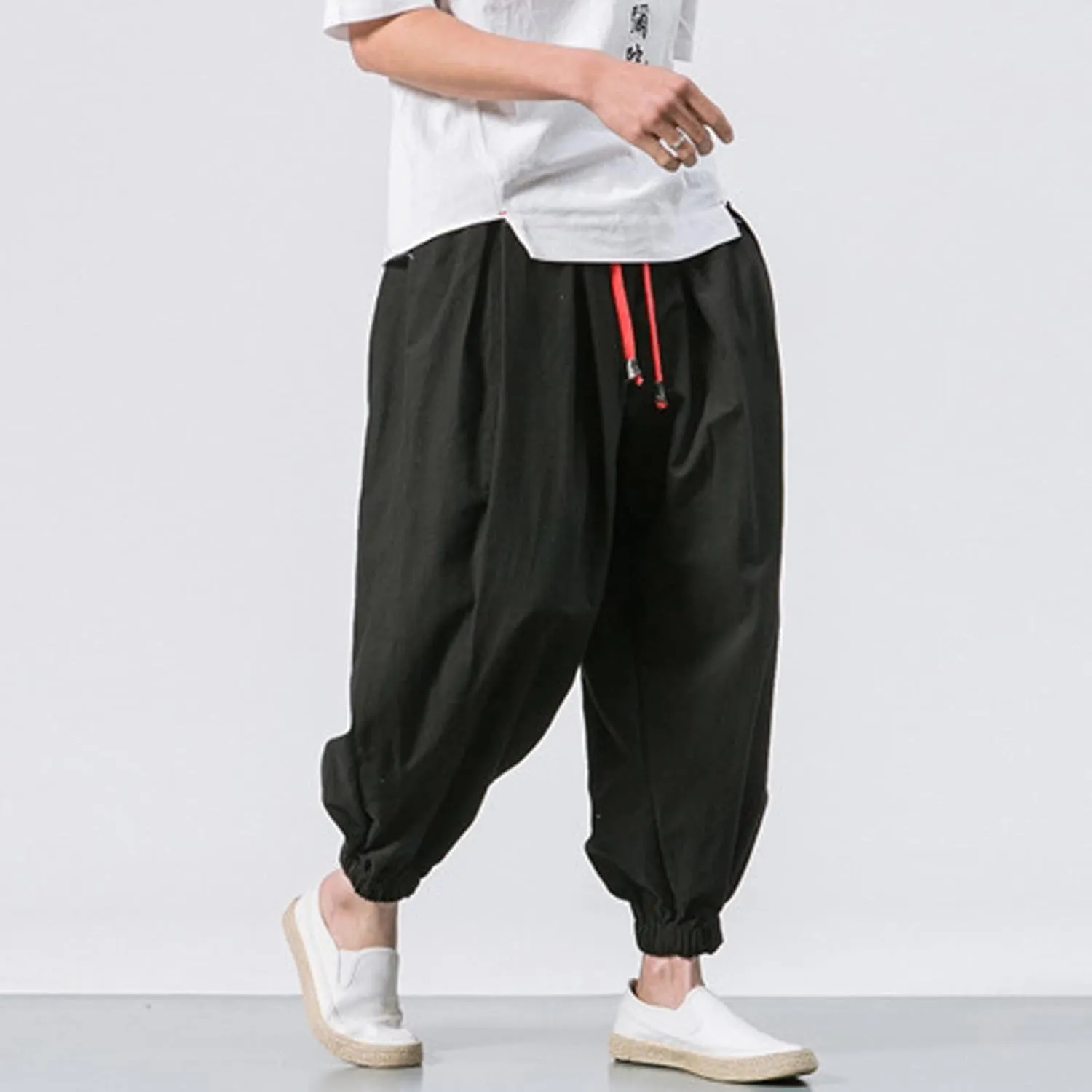 Mens Harem Pants Cotton Linen Baggy Yoga Jogger Pants Elastic Waist Vintage Hippie Drop Crotch Trousers Plus Size