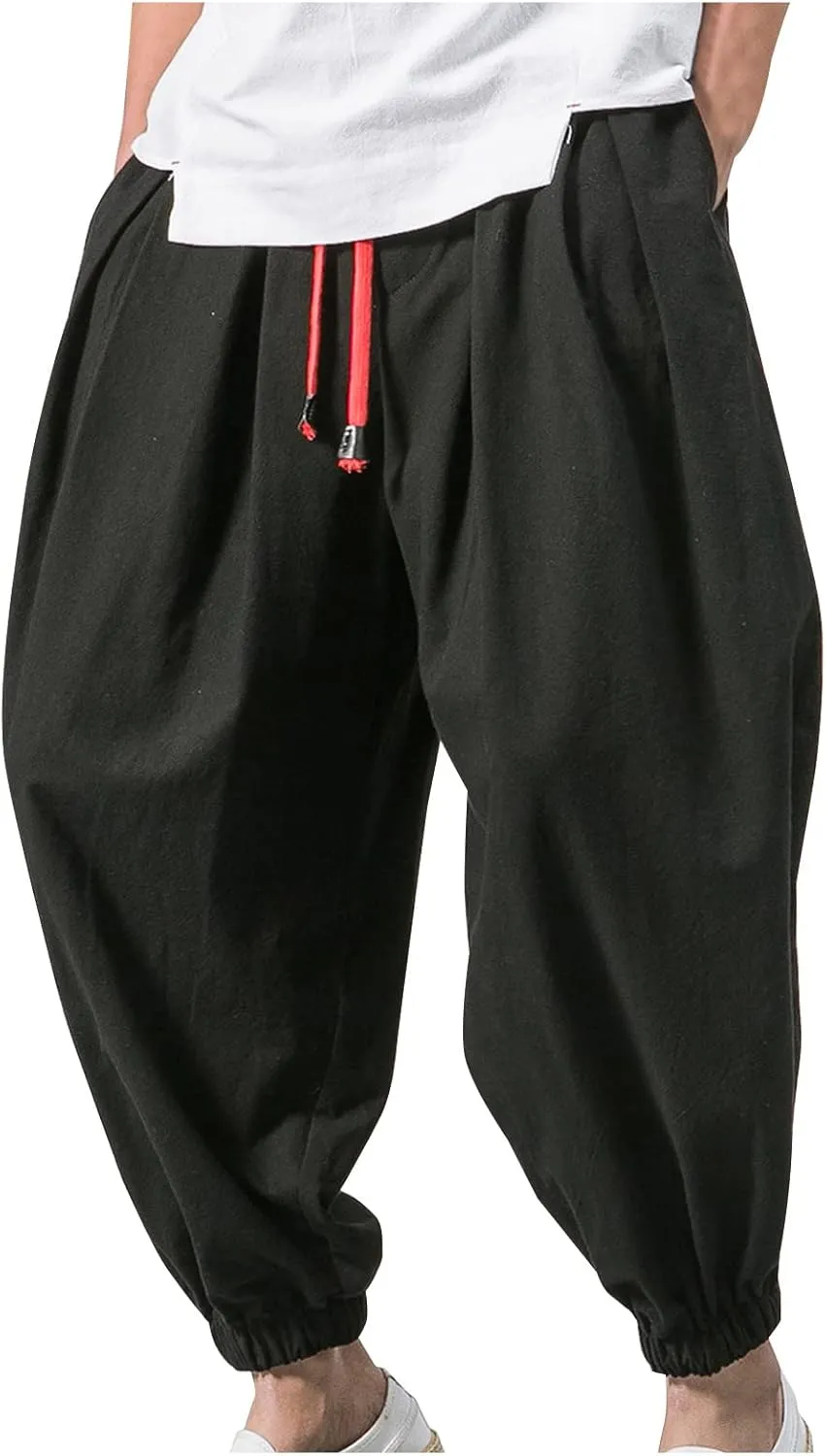 Mens Harem Pants Cotton Linen Baggy Yoga Jogger Pants Elastic Waist Vintage Hippie Drop Crotch Trousers Plus Size