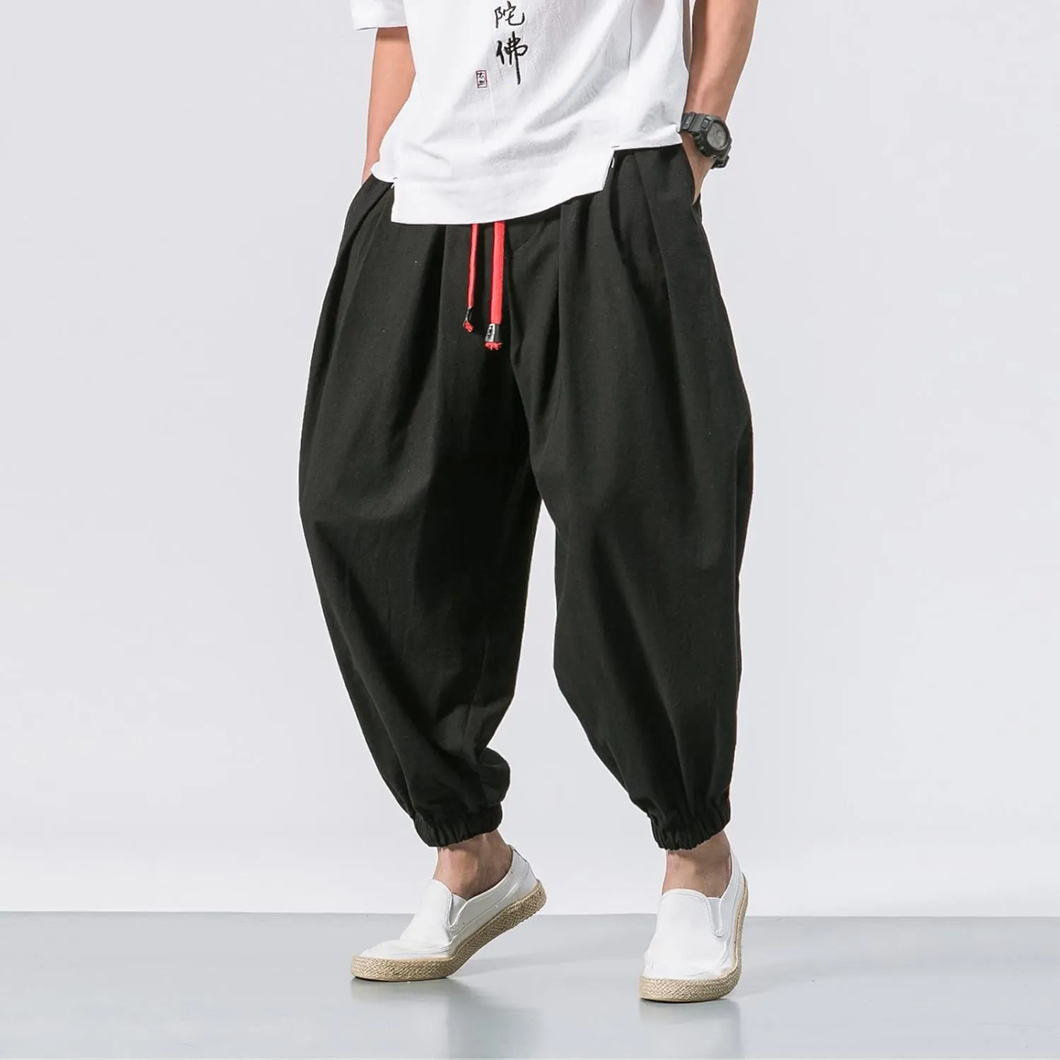 Mens Harem Pants Cotton Linen Baggy Yoga Jogger Pants Elastic Waist Vintage Hippie Drop Crotch Trousers Plus Size