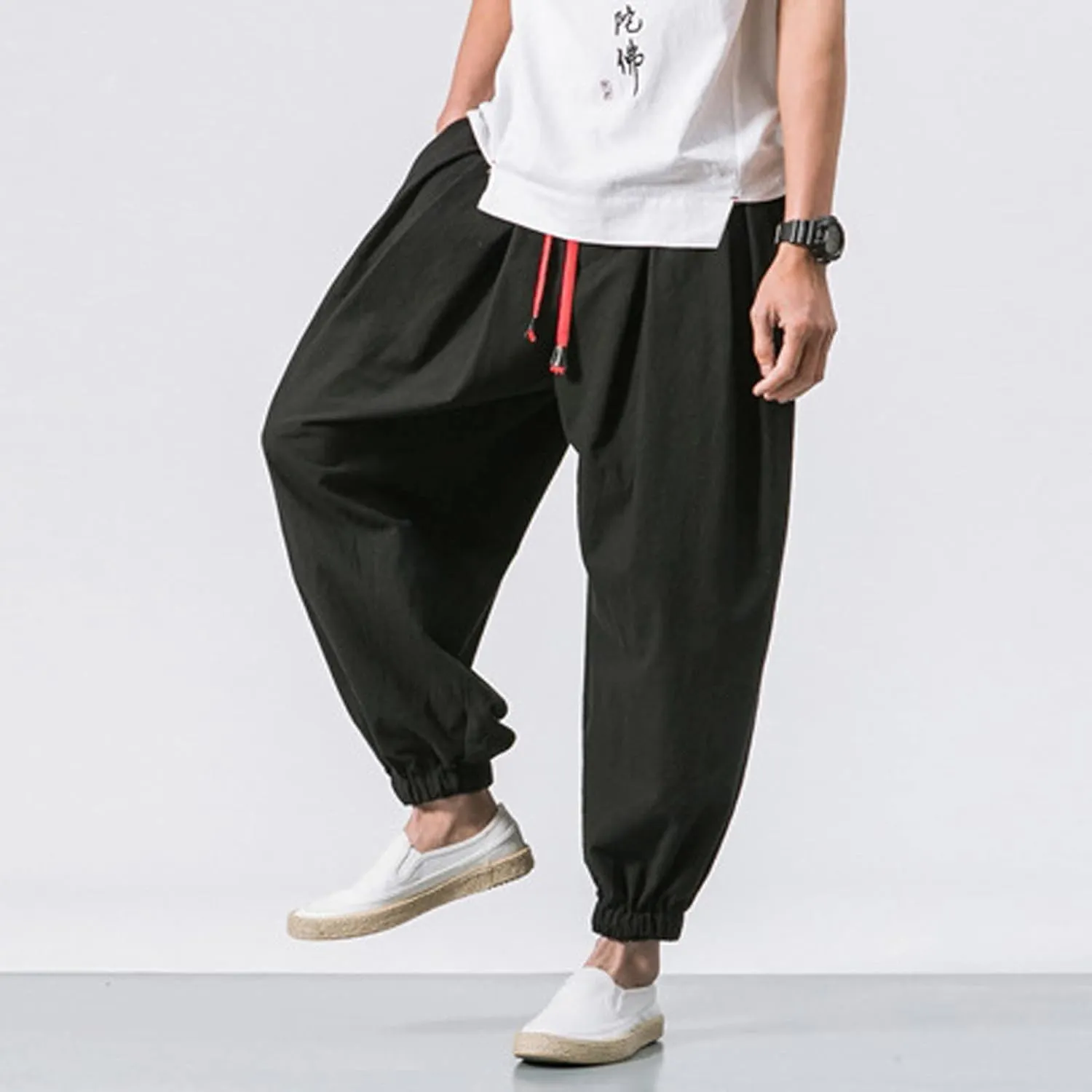 Mens Harem Pants Cotton Linen Baggy Yoga Jogger Pants Elastic Waist Vintage Hippie Drop Crotch Trousers Plus Size