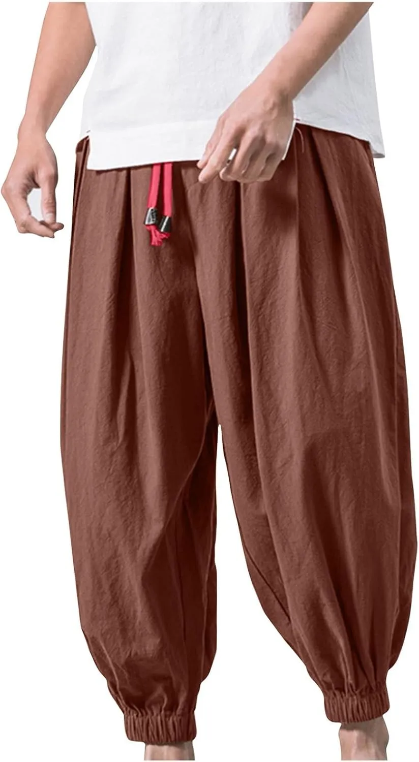 Mens Hippie Harem Pants Casual Elastic Drawstring Tapered Pants Solid Color Baggy Yoga Drop Crotch Trouser