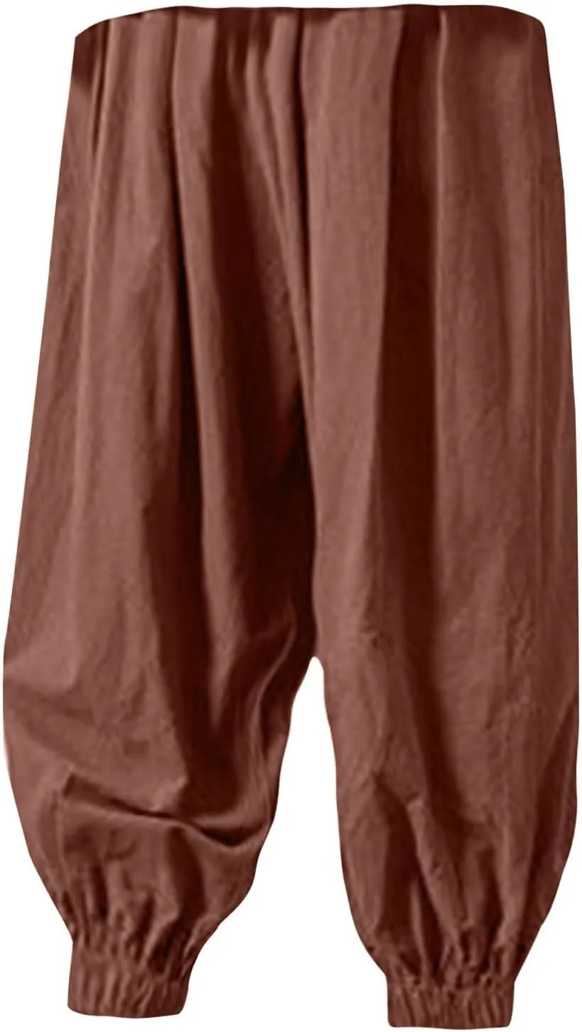 Mens Hippie Harem Pants Casual Elastic Drawstring Tapered Pants Solid Color Baggy Yoga Drop Crotch Trouser