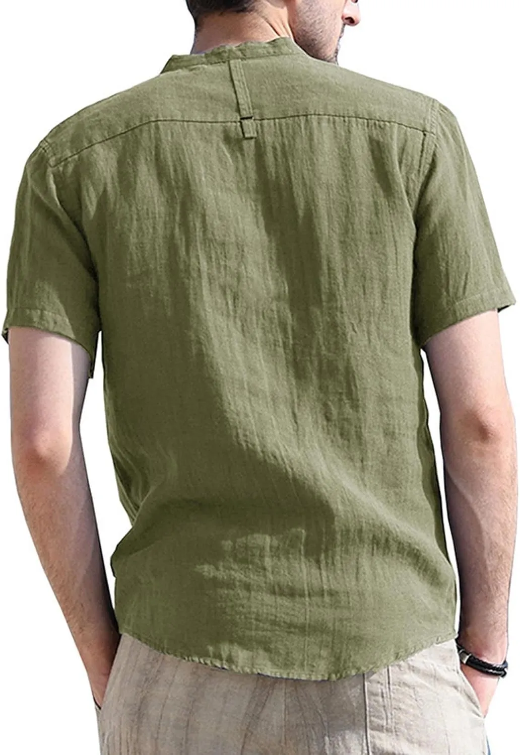Men's Summer Lightweight Cotton Linen Shirts Casual Short Sleeve Button Up Stand Collar Henley Top for Beach Vacation