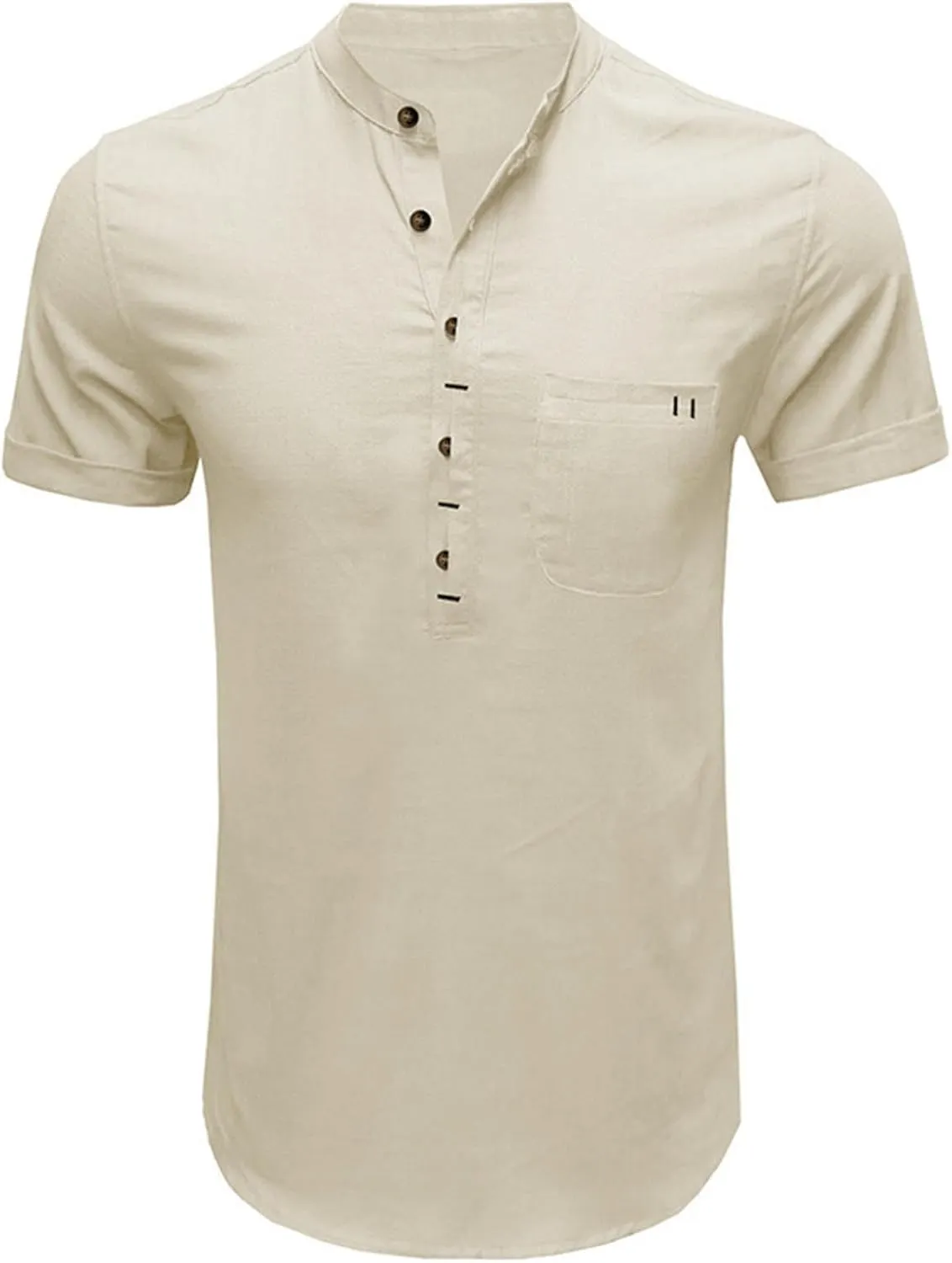 Men's Summer Lightweight Cotton Linen Shirts Casual Short Sleeve Button Up Stand Collar Henley Top for Beach Vacation