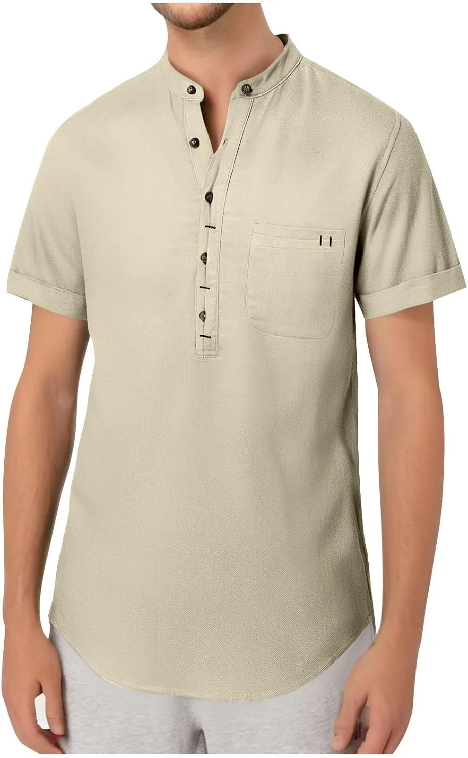 Men's Summer Lightweight Cotton Linen Shirts Casual Short Sleeve Button Up Stand Collar Henley Top for Beach Vacation
