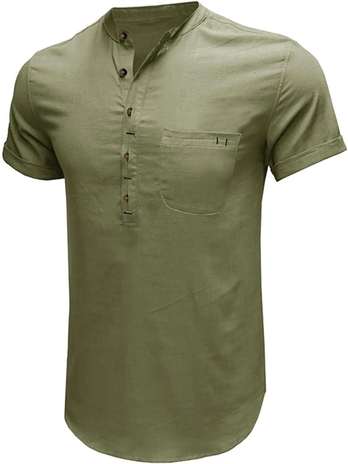 Men's Summer Lightweight Cotton Linen Shirts Casual Short Sleeve Button Up Stand Collar Henley Top for Beach Vacation