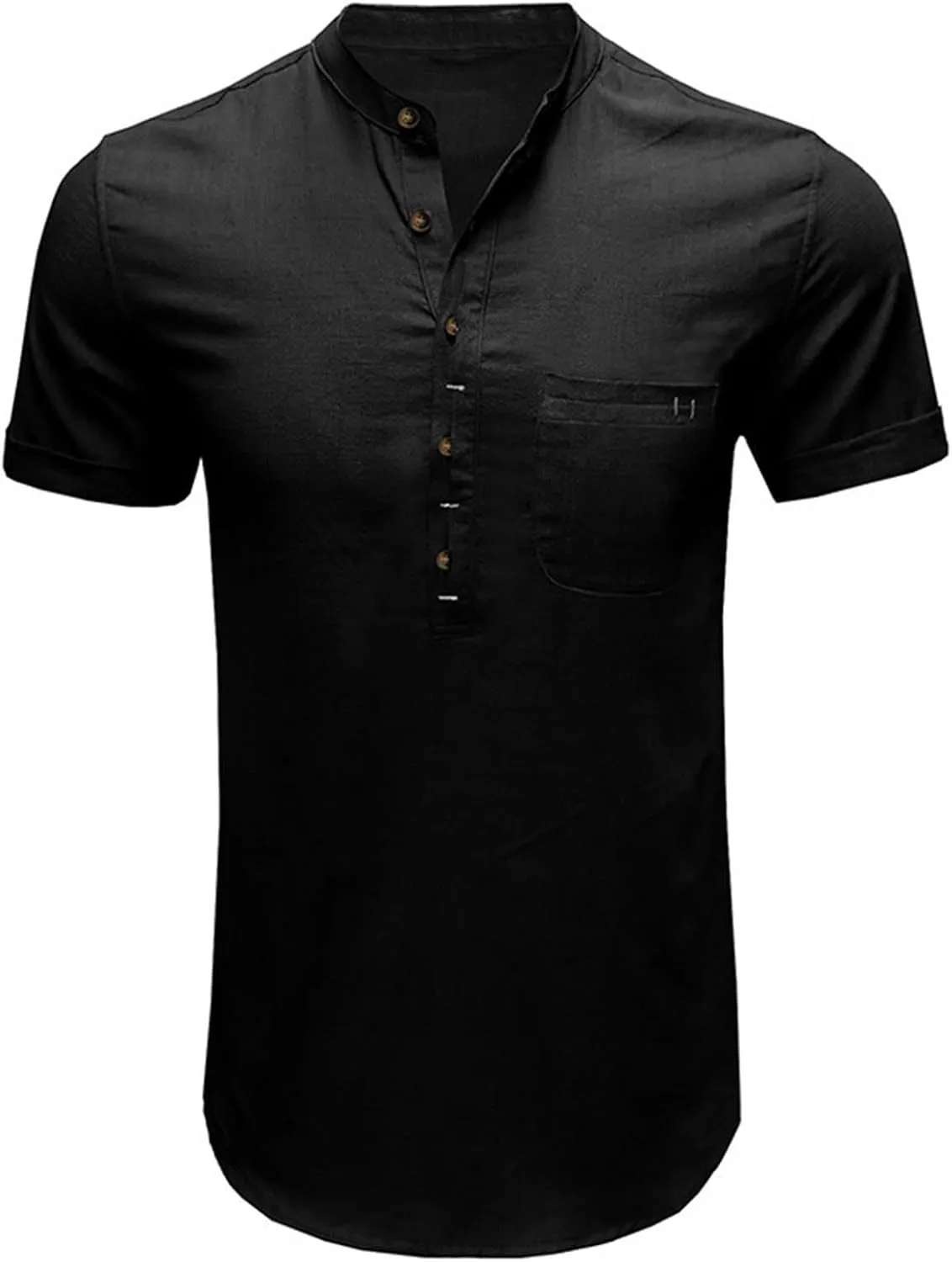 Men's Summer Lightweight Cotton Linen Shirts Casual Short Sleeve Button Up Stand Collar Henley Top for Beach Vacation