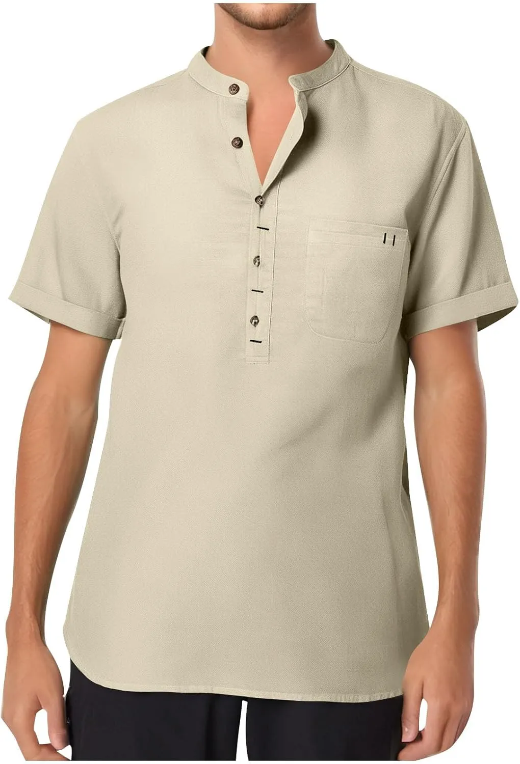 Men's Summer Lightweight Cotton Linen Shirts Casual Short Sleeve Button Up Stand Collar Henley Top for Beach Vacation