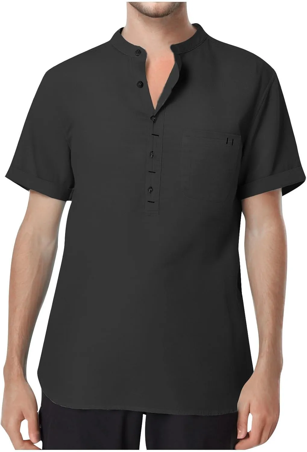 Men's Summer Lightweight Cotton Linen Shirts Casual Short Sleeve Button Up Stand Collar Henley Top for Beach Vacation