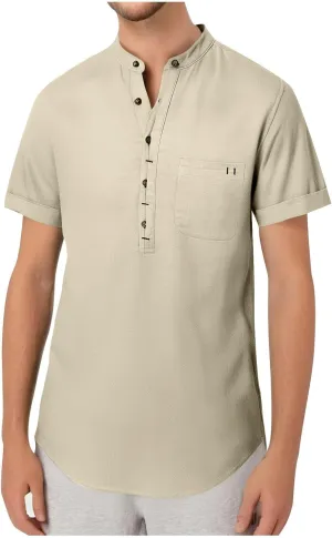Men's Summer Lightweight Cotton Linen Shirts Casual Short Sleeve Button Up Stand Collar Henley Top for Beach Vacation