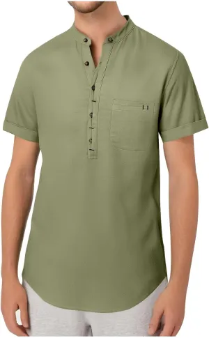 Men's Summer Lightweight Cotton Linen Shirts Casual Short Sleeve Button Up Stand Collar Henley Top for Beach Vacation