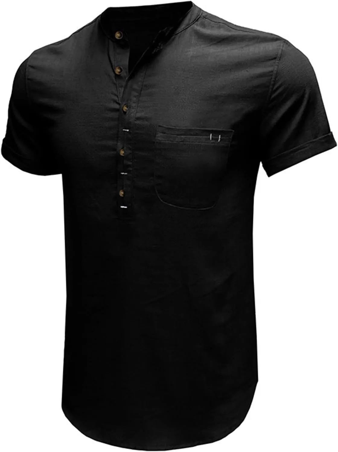 Men's Summer Lightweight Cotton Linen Shirts Casual Short Sleeve Button Up Stand Collar Henley Top for Beach Vacation