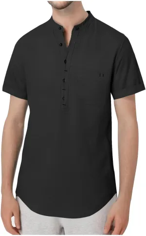 Men's Summer Lightweight Cotton Linen Shirts Casual Short Sleeve Button Up Stand Collar Henley Top for Beach Vacation