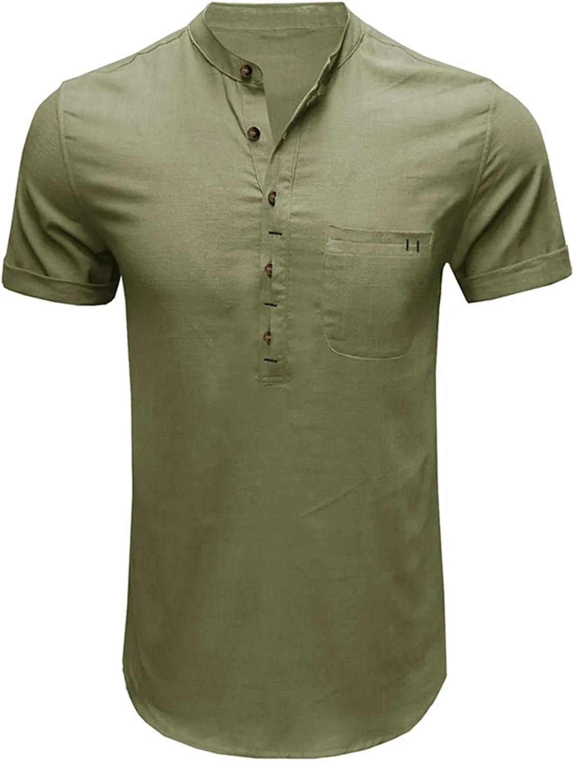 Men's Summer Lightweight Cotton Linen Shirts Casual Short Sleeve Button Up Stand Collar Henley Top for Beach Vacation