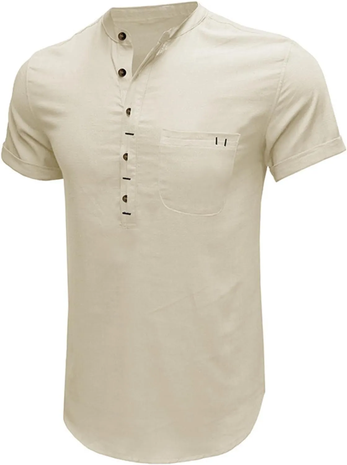 Men's Summer Lightweight Cotton Linen Shirts Casual Short Sleeve Button Up Stand Collar Henley Top for Beach Vacation