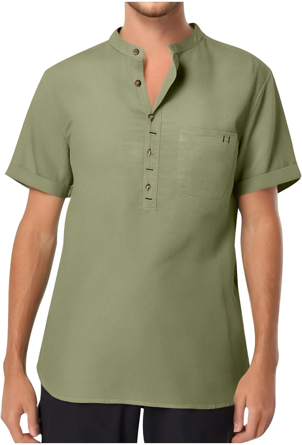 Men's Summer Lightweight Cotton Linen Shirts Casual Short Sleeve Button Up Stand Collar Henley Top for Beach Vacation