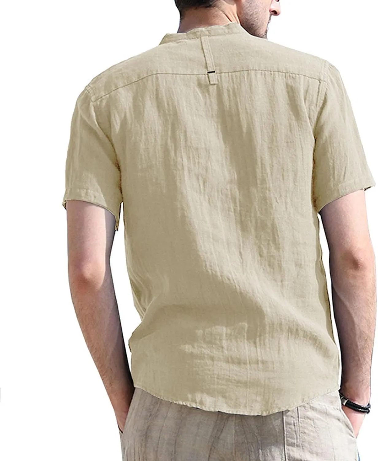 Men's Summer Lightweight Cotton Linen Shirts Casual Short Sleeve Button Up Stand Collar Henley Top for Beach Vacation